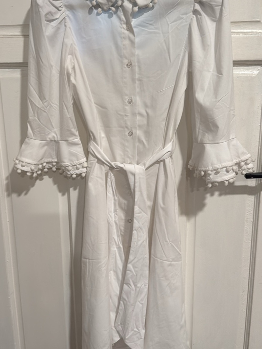 Love By Design White Midi Shirt Dress with Pom-Pom Trim